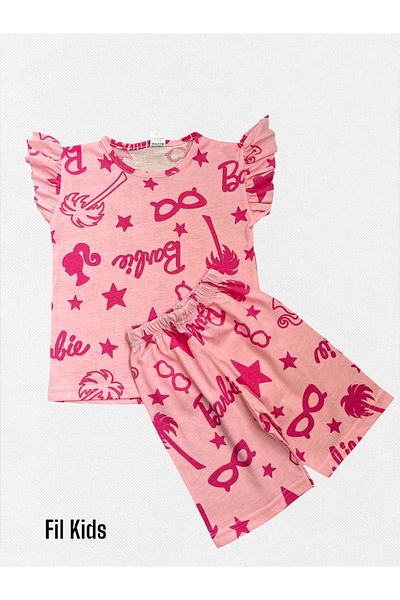 Fil Kids Girl's 100% Cotton Pink Palm Heart Patterned Short Sleeve Ruffle Shorts Summer Pajama Set