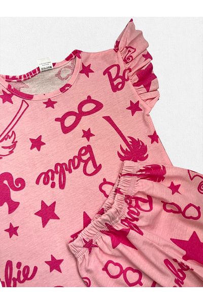 Fil Kids Girl's 100% Cotton Pink Palm Heart Patterned Short Sleeve Ruffle Shorts Summer Pajama Set
