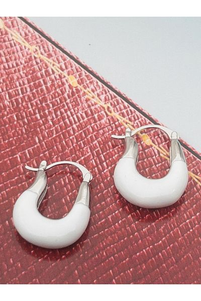 Siya Silver U Model Silver Colored Steel Earrings with White Enamel