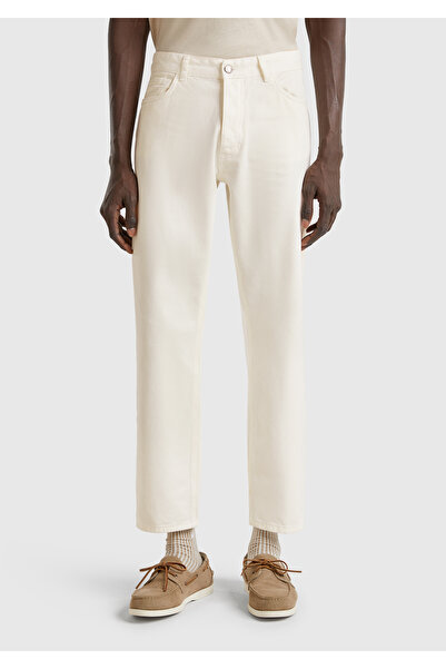 United Colors of Benetton Men's White 100% Cotton Waist Logo Label 5 Pocket Straight Fit Pants
