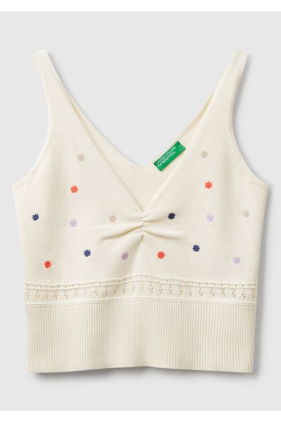 United Colors of Benetton Women's Cream 100% Cotton Floral Embroidered Gathered Chest Regular Fit Knitwear Undershirt