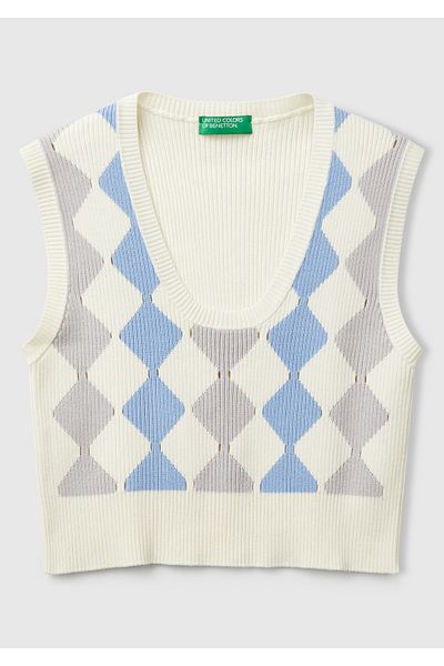 United Colors of Benetton Women's Cream Diamond Patterned Ribbed Crop Sweater with Rib Detail