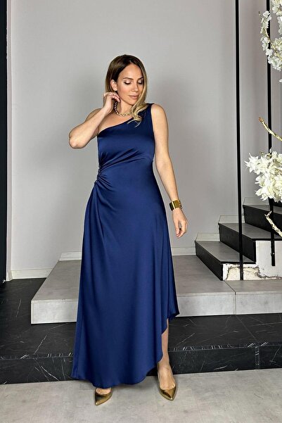 gesmoda G1358 Tek Omuz Taş Detaylı Saten Abiye Elbise Lacivert