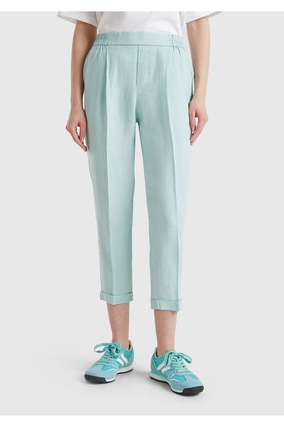 United Colors of Benetton Women's Aqua Green 100% Linen Elastic Waist Trousers
