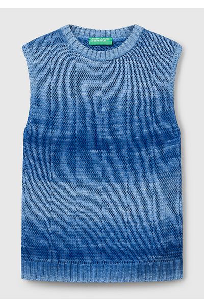 United Colors of Benetton Women's Blue 100% Cotton Shadow Effect Ribbed Relax Fit Sweater