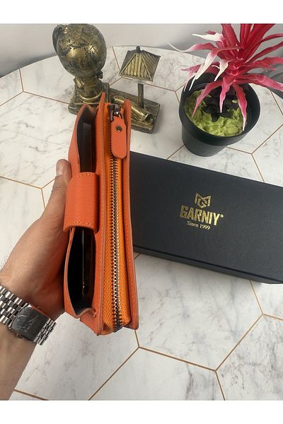 Garniy Orange Wallet with Phone Compartment and Handle, Large Compartment