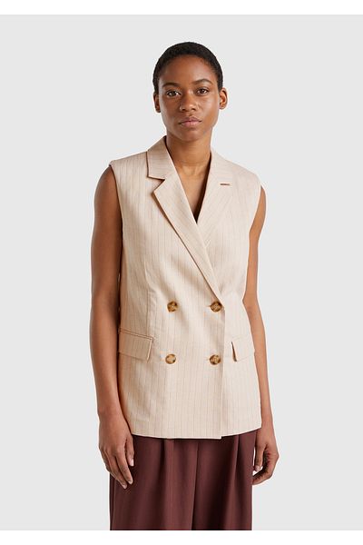 United Colors of Benetton Women's Beige Cotton and Linen Blended Thin Striped Pocket Double Breasted Vest