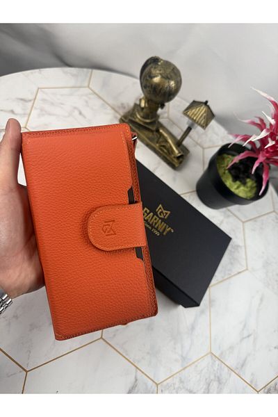 Garniy Orange Wallet with Phone Compartment and Handle, Large Compartment