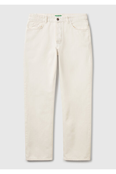 United Colors of Benetton Men's White 100% Cotton Waist Logo Label 5 Pocket Straight Fit Pants