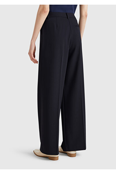 United Colors of Benetton Kadın Lacivert Streç Kumaşlı Yüksek Bel Wide Leg Pantolon