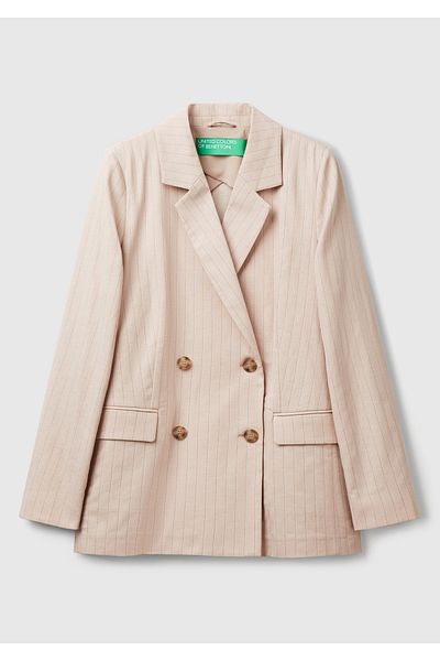 United Colors of Benetton Women's Beige Cotton and Linen Blended Thin Striped Relax Fit Jacket