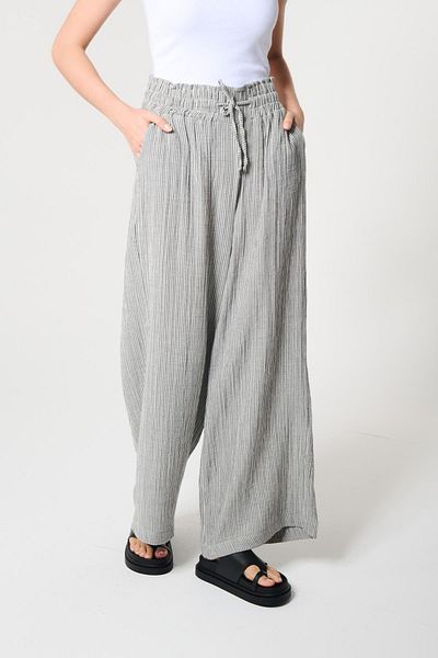 ZYRAH Gray Color Striped 100% Cotton Women's Loose Long Pants