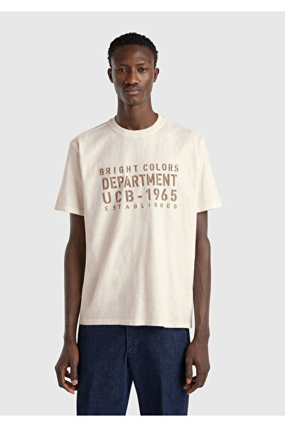 United Colors of Benetton Ανδρικό μπλουζάκι μπεζ-πράσινο 100% βαμβακερό φθαρμένο εφέ με στάμπα μπροστά Relax Fit