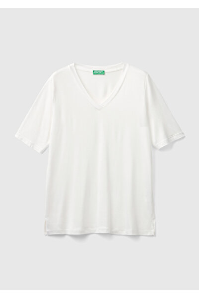 United Colors of Benetton Γυναικείο λευκό μπλουζάκι Eco-Viscose Regular Fit με λαιμόκοψη