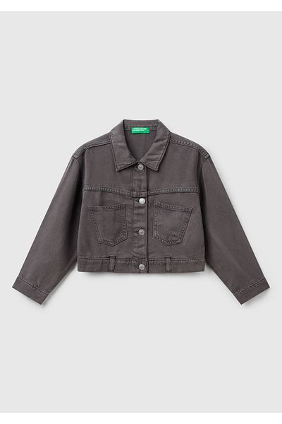 United Colors of Benetton Girl's Anthracite 100% Liyosel Logo Detailed Jacket with Patch Pocket on the Front