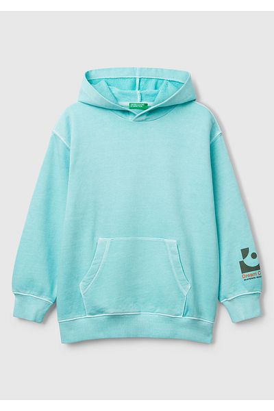 United Colors of Benetton Boy's Turquoise Printed Faded Effect Pouch Pocket Hooded Sweatshirt