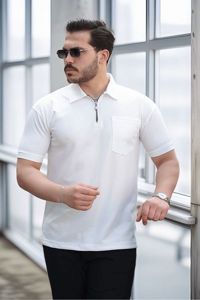 Valiberta Half Zipper Single Pocket Men's T-Shirt - White