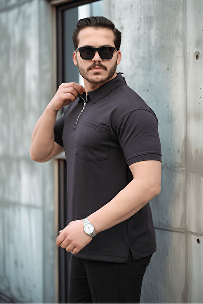 Valiberta Ανδρικό T-Shirt με μισό φερμουάρ μονή τσέπη - Μαύρο