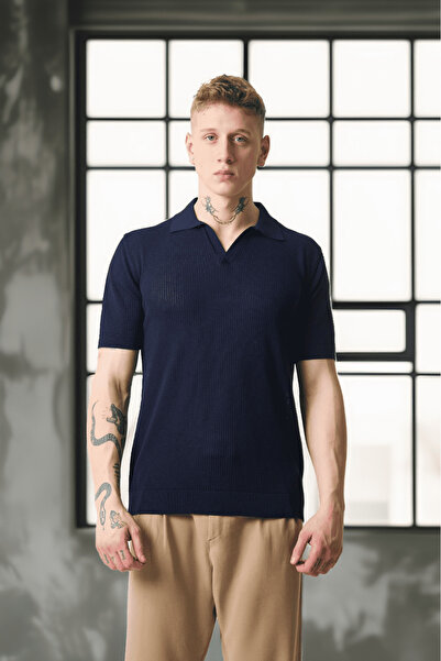 Valiberta Πλεκτό μοτίβο βισκόζης Polo Neck Knitwear Ανδρικό T-Shirt - Navy Blue