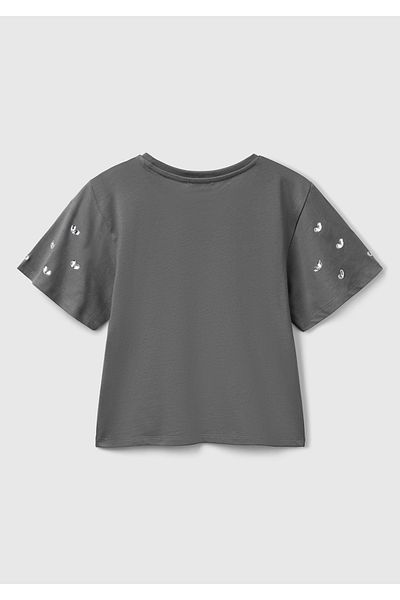 United Colors of Benetton Tricou pentru fetiță, antracit, cu mâneci, cu guler cu nervuri, cu detalii de piatră