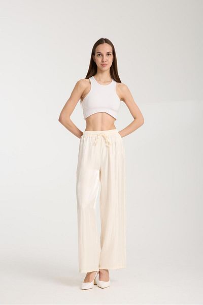 Güler Casual Cream Color Shiny Fabric Women's Palazzo Trousers with Pockets