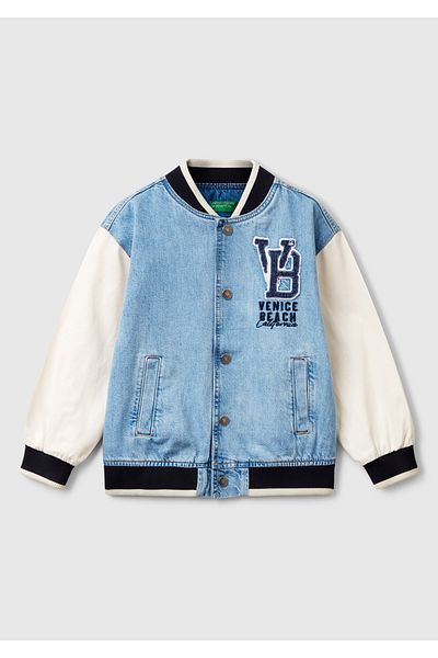 United Colors of Benetton Boy's Denim Bomber Jacket with Logo Embroidered on the Front