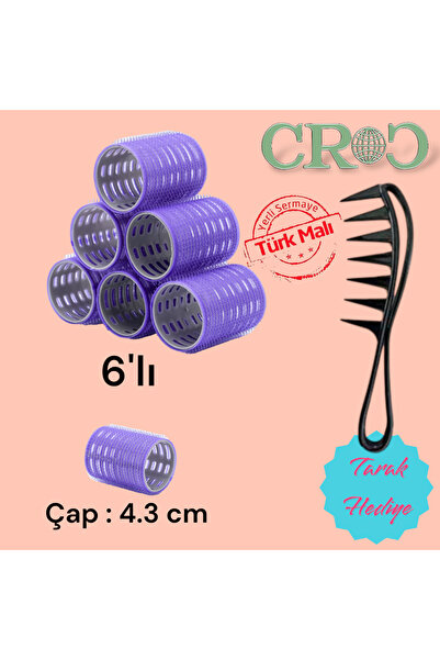 Croc Büyük Boy Bigudi 6lı Cırtlı - Yapışkanlı Saç Bigudisi Mor Çap: 4.5cm (1215)