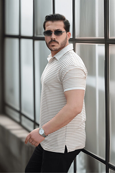 Valiberta Μπεζ γιακά Polo - Μπλουζάκι με μοτίβο και πλεκτό τουρκικό καλλικόκκινο