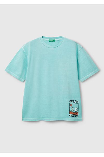 United Colors of Benetton Tricou pentru băiat cu slogan turcoaz imprimat cu efect pale