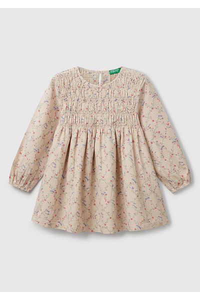 United Colors of Benetton Girl's Ecru Seersucker Fabric Floral Patterned Elastic Pleated Long Sleeve Dress