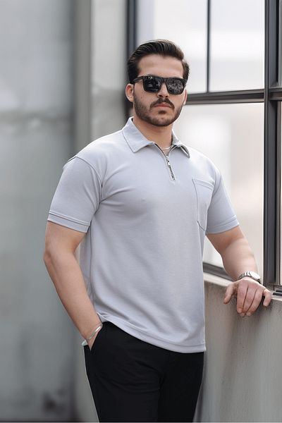 Valiberta Half Zipper Single Pocket Men's T-Sirt - Gray