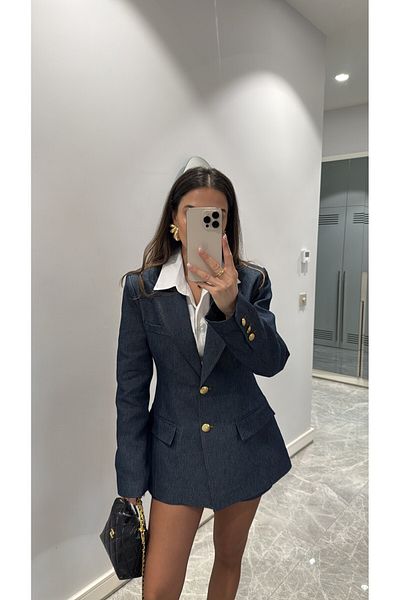 sinemkivanc co Jachetă albastră căptușită cu talie