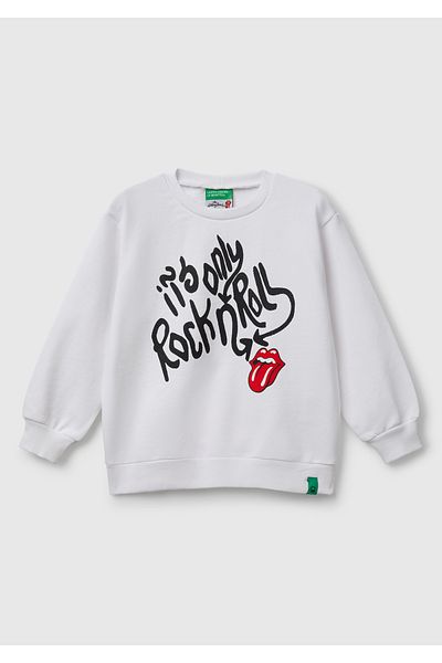 United Colors of Benetton Boy's White Rolling Stones Printed Label Logo Crew Neck Sweatshirt