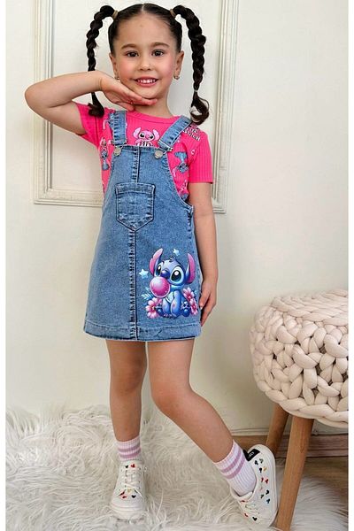 LİLLYPİCCA Girl's Ribbed Patterned Tshirt - Skirted Denim Salopet Set