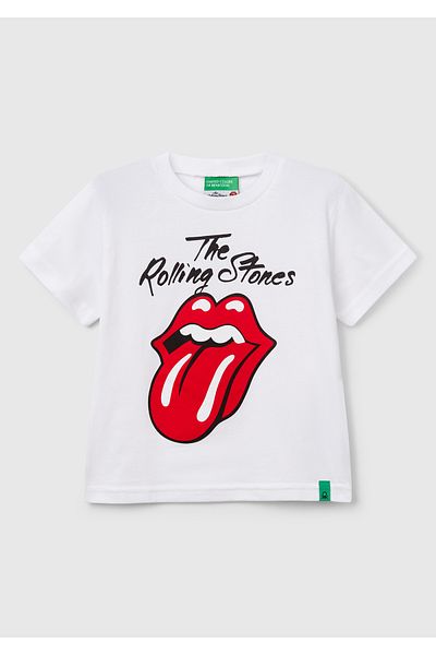 United Colors of Benetton Tricou alb pentru băiat cu etichetă cu logo-ul imprimat Rolling Stones
