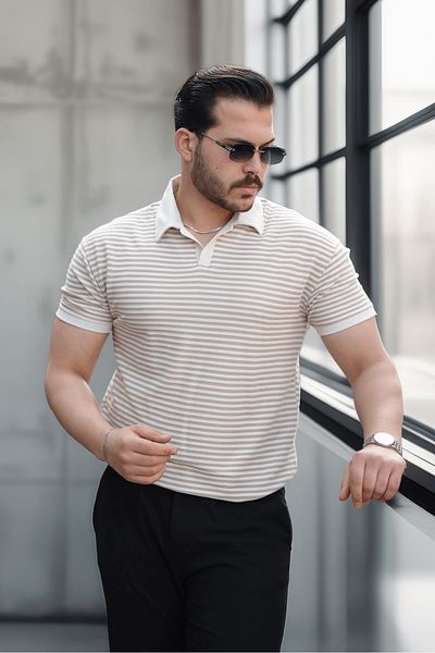 Valiberta Beige Collar Polo - Patterned and Knitted Turkish Yaremli T-Shirt