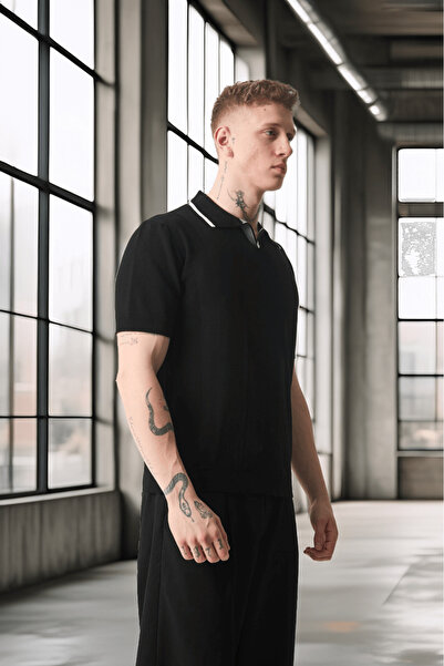 Valiberta Ανδρικό μπλουζάκι με λαιμόκοψη με ρίγες βισκόζης Polo Neck Knitwear - Μαύρο