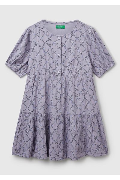 United Colors of Benetton Girl's Purple Viscous Patterned Front Buttoned Pleated Layered Short Sleeve Dress