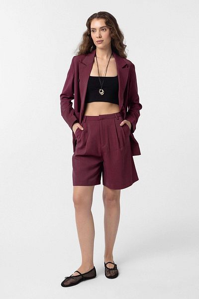 Antioch Burgundy Pleated Women's Bermuda Shorts