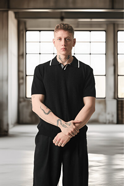 Valiberta Ανδρικό μπλουζάκι με λαιμόκοψη με ρίγες βισκόζης Polo Neck Knitwear - Μαύρο