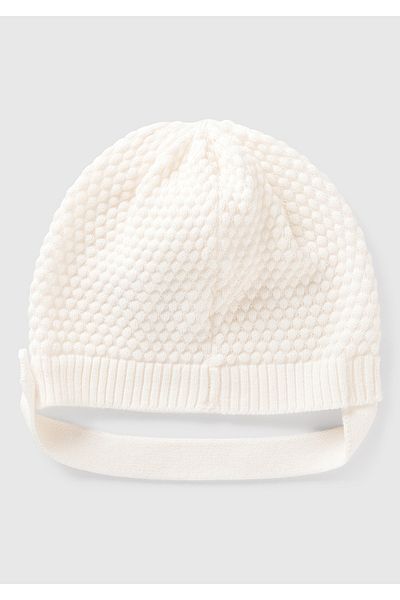 United Colors of Benetton Baby White 3D Stitched Hat with Drawstring and Buttons