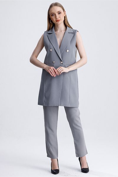 MD trend Women's Double Breasted Collar Oversize Vest and Trousers Double Classic Set