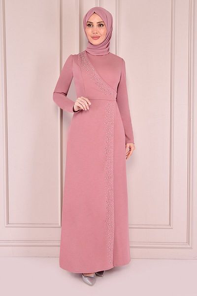 ModaMerve Φόρεμα Dusty Rose Stone Detailed - Asm2459