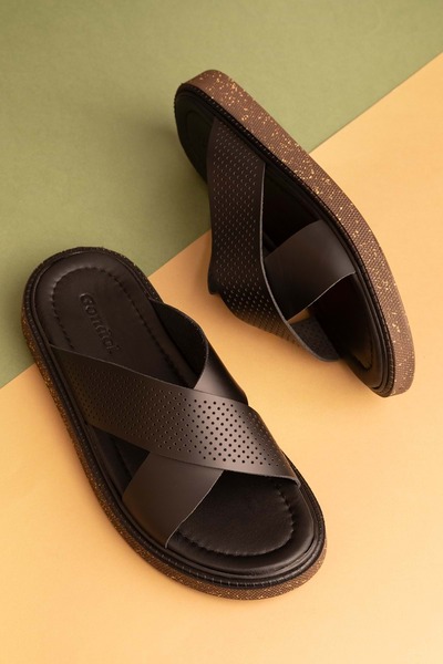 Gondol Erkek Hakiki Deri Çapraz Bant Klasik Terlik Esm.24