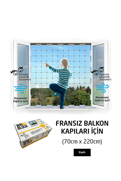 WINBLOCK Fransız Balkon Kapısı (70X220 CM) - Çocuklar Için Pencere Çelik Güvenlik Ağı - Siyah Profil