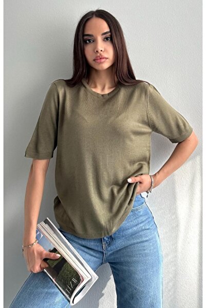 fujya Women's Crew Neck Knitwear, Blouse and Khaki Set