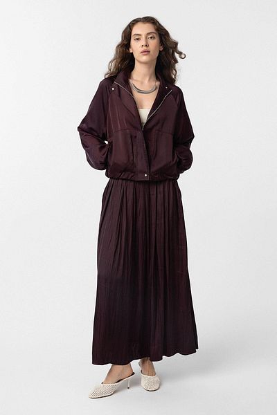 Antioch Burgundy Stand Collar Slim Women's Bomber Jacket