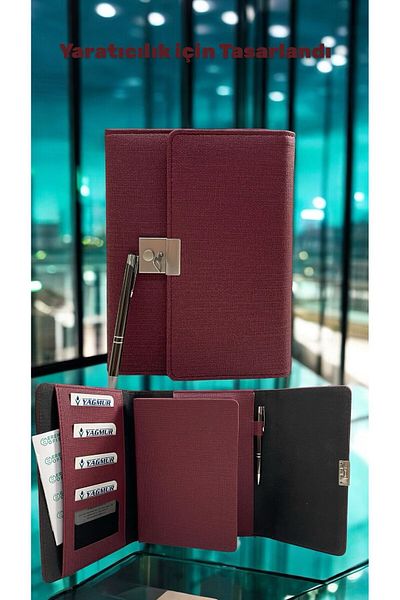 Eren Ofis Handmade Genuine Leather Scrapbook Bag with Key Lock and Pen Set