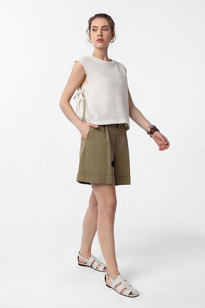 Antioch Ecru Lace-Up Knitted Textured Women's Top