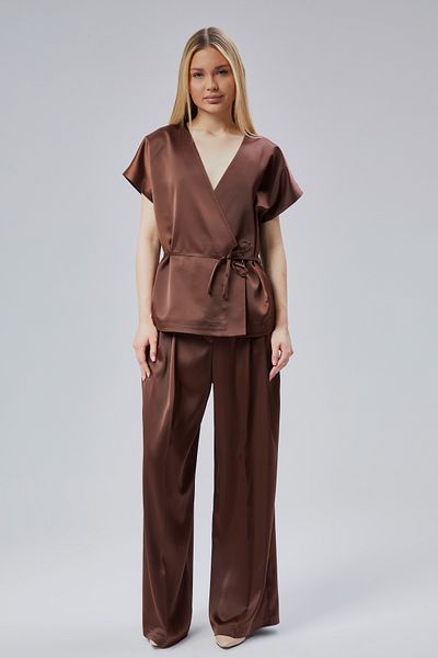 Bolivente Women's V Neck Satin Belt Blouse and Pants Set